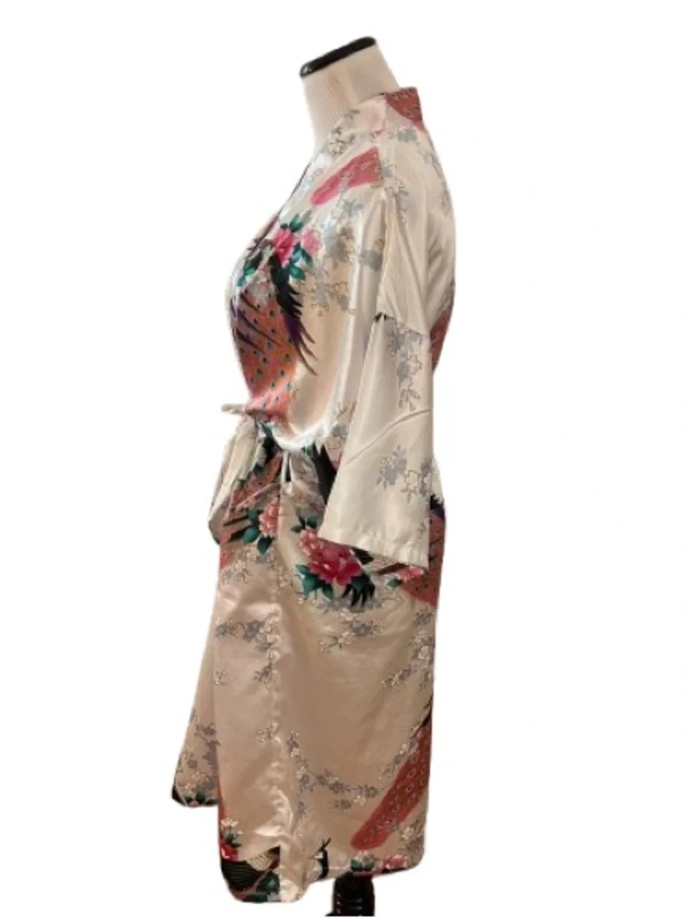 Women’s White and Pink Floral Peacock Kimono Robe Size OS